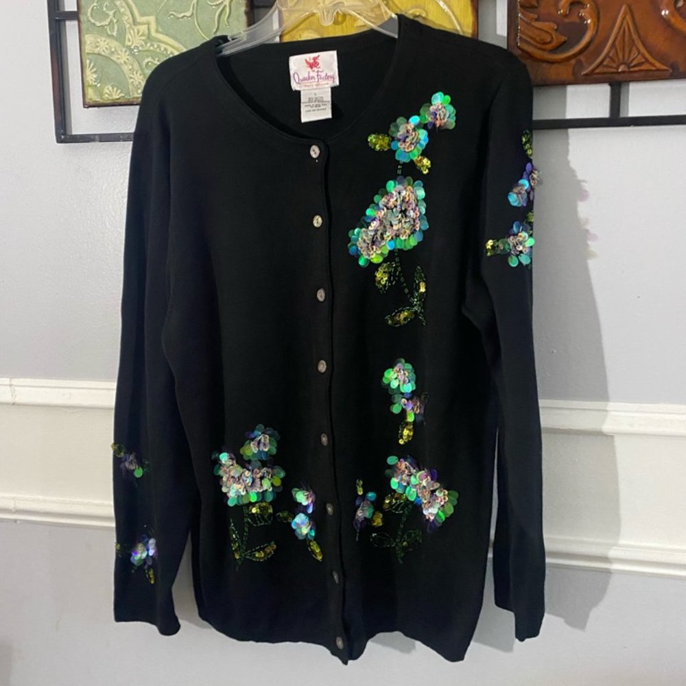 Vintage Quacker Factory Black Flower Sequin Knit Sweater Cardigan size Large